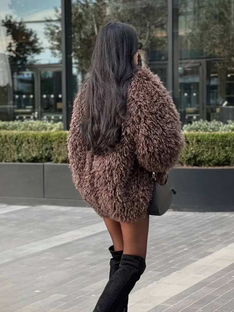 HH Women Fashion Long Sleeve Warm Faux Fur Effect Short Jacket Female Solid O-Neck Hidden Buckle Casual Chic Outwear