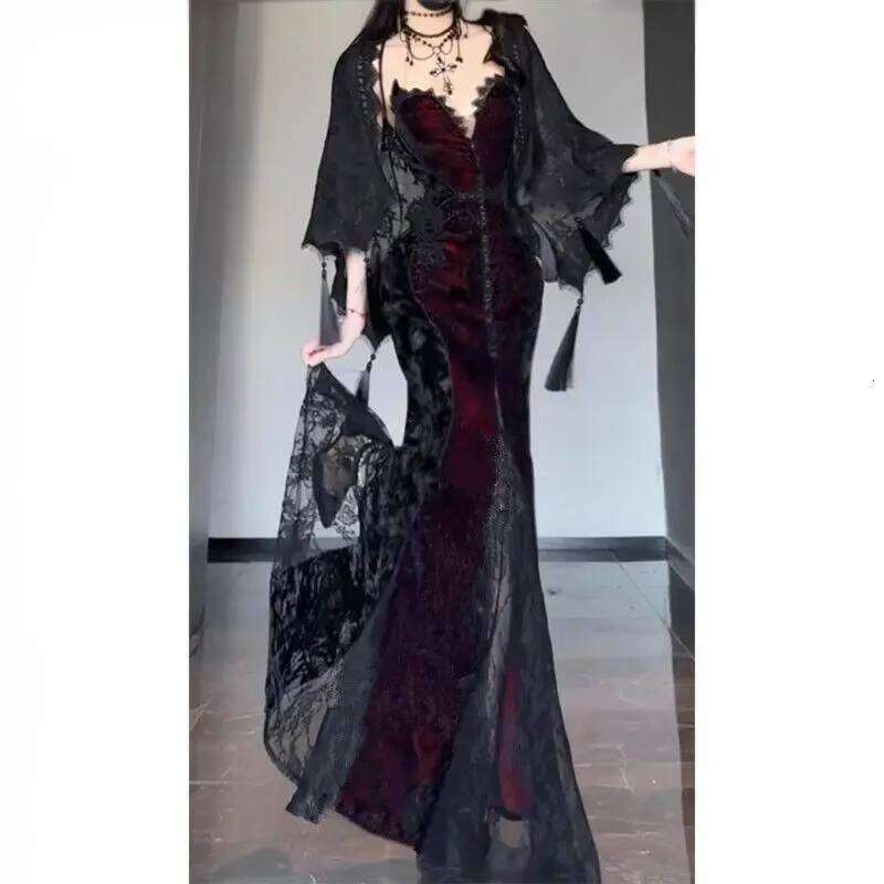 Summer Gothic Grunge Y2k Lace Women Dark Academia Sexy Slim Party Dresses Korean Fashion Design Festival Long Prom Dress C260312