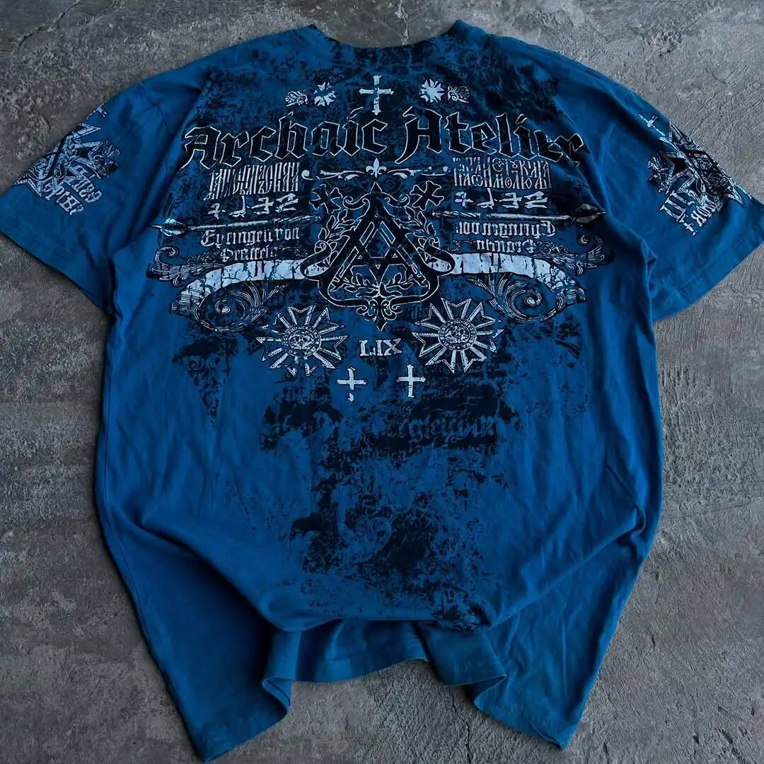Y2K New Affliction T-shirt Street Vintage Letter Printed Blue Short Sleeve Men Hip Hop Gothic Punk Oversized T shirt Cotton Tops ddmythur