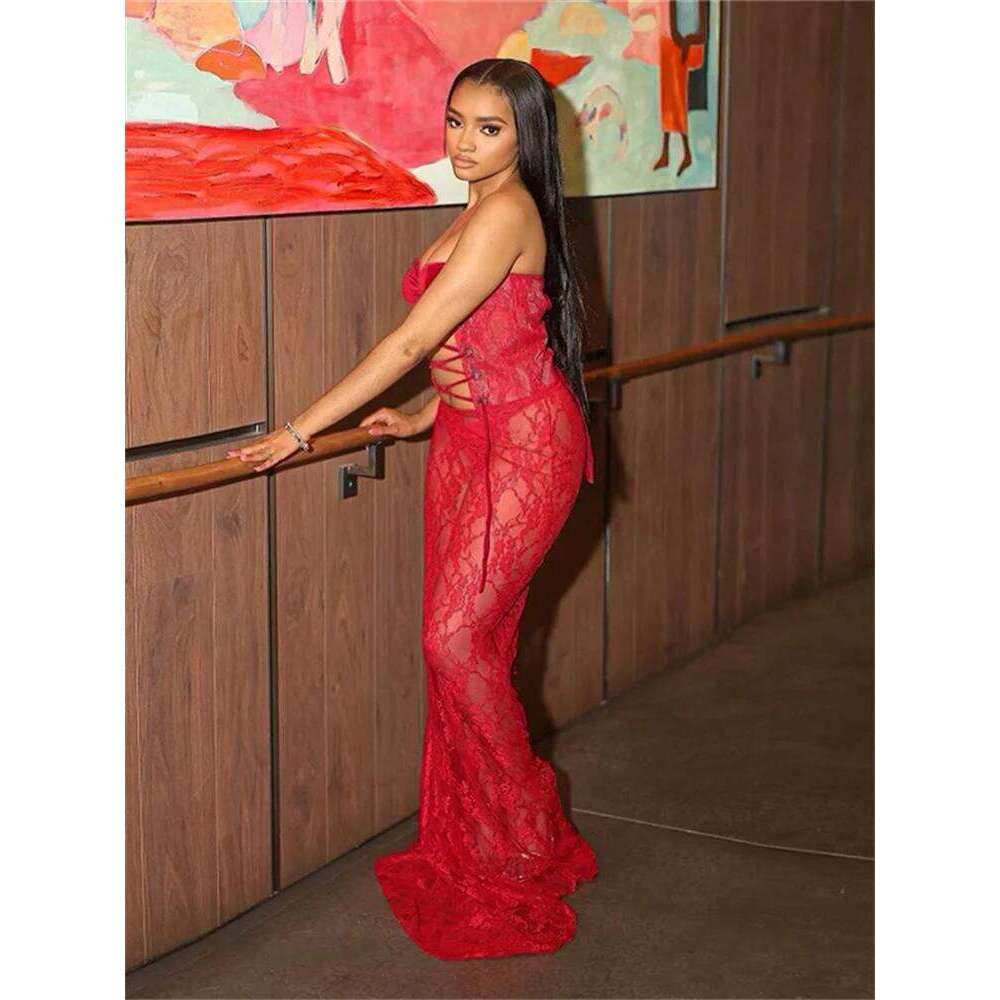 Nibber Lace Sexy Women Maxi Dress Stunning Coquette See Through Patchwork Drawstring Strapless Bodycon Mujer Midnight Club Robe C260312