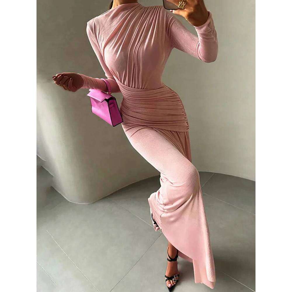Sexy Tight Pleated Women's Party Long Casual Solid Color High Waist Commuting Dress 2025 Autumn O-neck Velvet Maxi Dresses C260312