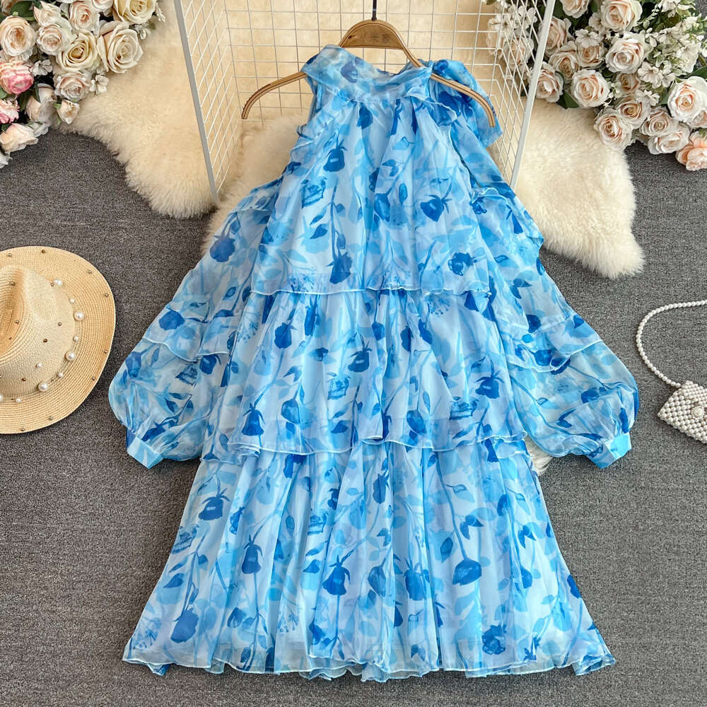 Designer Women's French a21 Tea Break Seaside Vacation Beach Skirt Sweet Backless Collar Off Shoulder Loose A-line Chiffon Dress