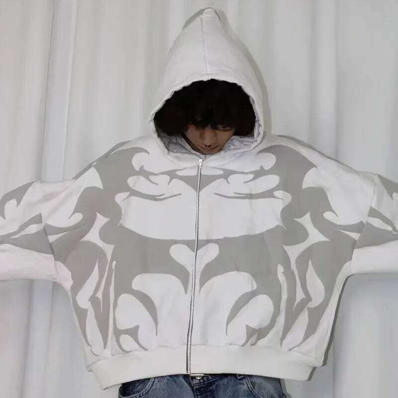 Tiger Gray Men High Street American Retro Hip Hop Y2k Zipper Hooded Sweater Couple Casual Sweatshirt Unisex Tops Newcoat