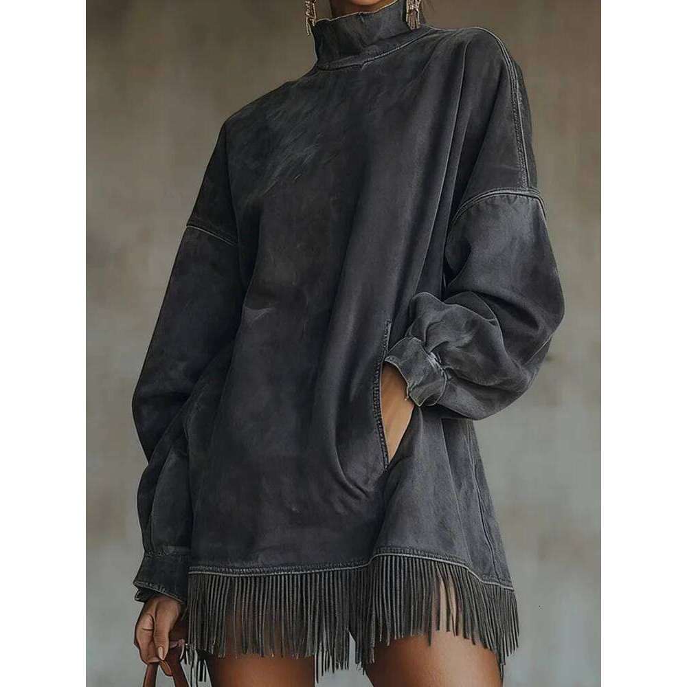 Fashion High Collar Velvet Pullovers Temperament Long Sleeve Loose A-line Elegant Solid Color Women's Commute Dress C260312