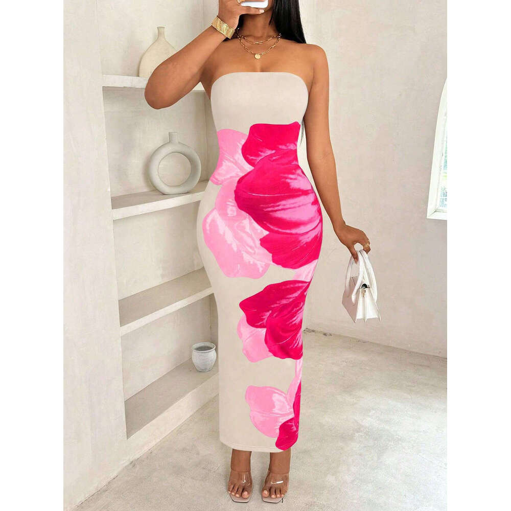 2025 European American cross-border new model Shein women's slim-fit off-shoulder dress with contrasting floral print, elegant and fashionable