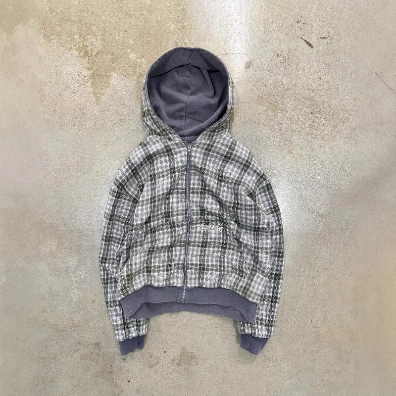 Harajuku Y2K Mens Hoodie Tracksuit Autumn Winter Two-Way Wear Plaid Zip Up Sweatshirt Casual Streetwear Retro Fashion Style 260311