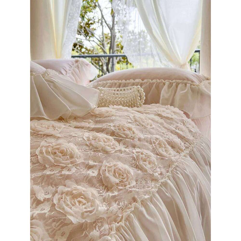 Korean Style Soft Cotton 3D Rose Lace Bedding Set, King Queen Princess Duvet Cover Bed Skirt Bedspread,High end Home 4pcs H260312