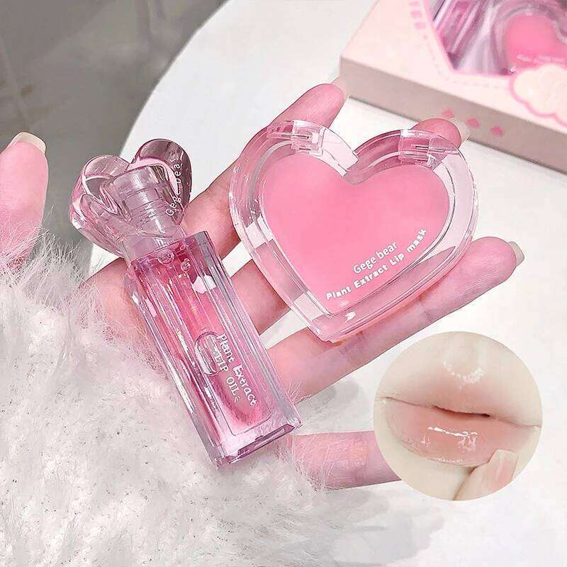 Pink Heart Care Set Moisturizing Reduce Dry Wrinkles Transparent Tint Mirror DUDU Oil Lip Mask Girl Lipstick Makeup Base W260311
