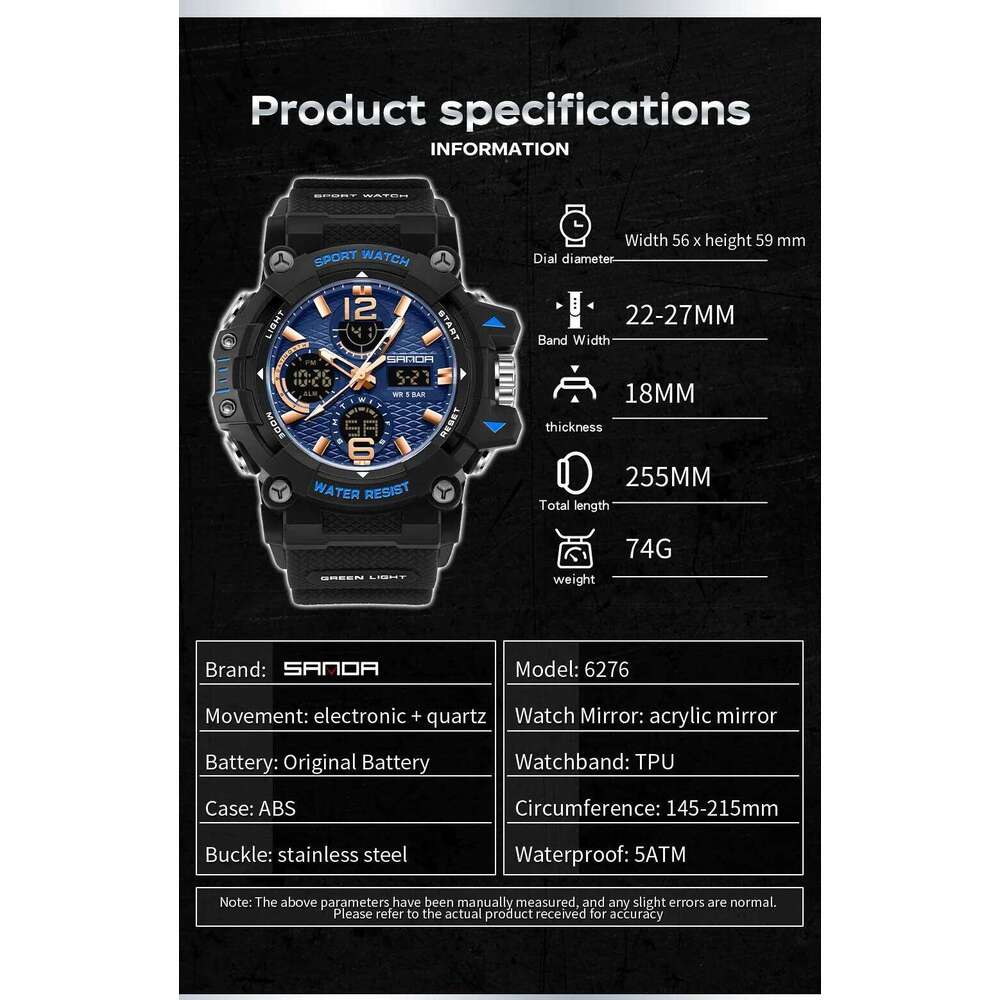 SANDA New 6276 Luxury Sports Multifunctional Waterproof LED timing Fashion Men's Electronic Watch Alarm C