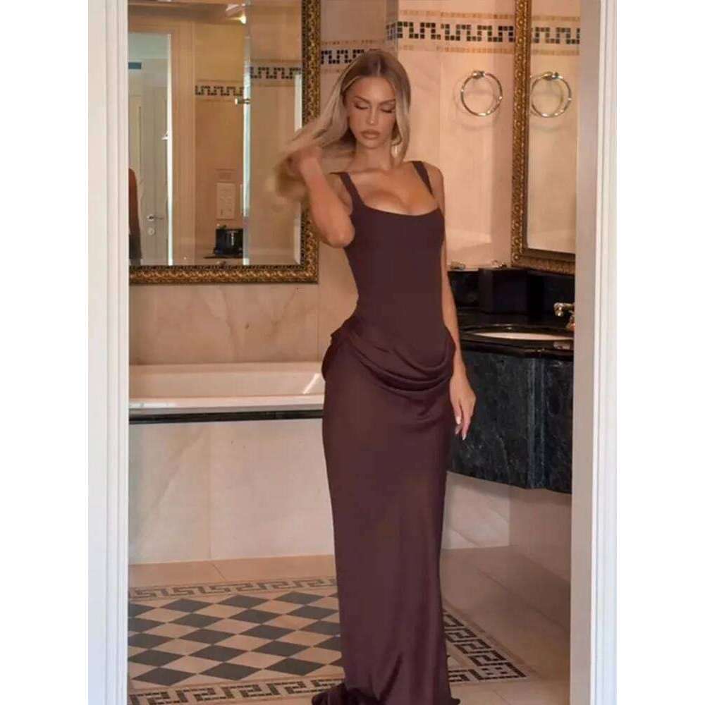 Solid Pleated Sling Dress Women Square Neck Sleeveless Off-shoulder Waist Cinching Slim Dresses Lady Evening Party Gowns 2025 C260312