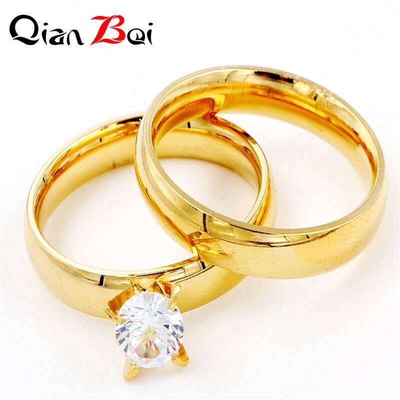 QianBei Fashion 2pcs/Set Single Zircon 4MM Charm Jewelry Gifts Ring Men Stainless Steel Gold Color Couple Rings For Women Man W260311