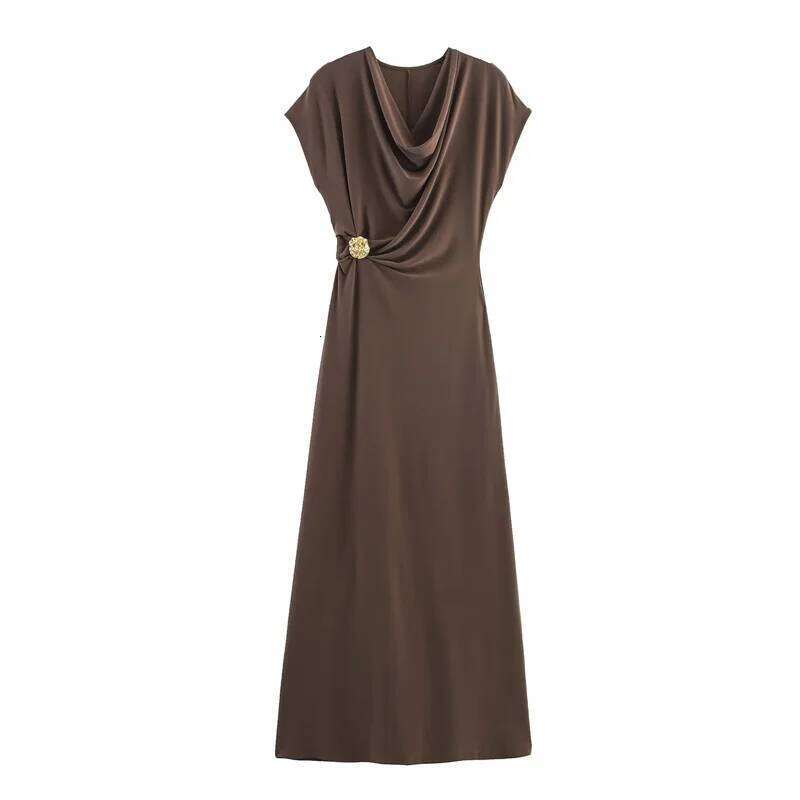 Women's Summer 2025 New Solid Color Short Sleeve Pleated Gold Embellished Long Dress Elegant Temperament Personality Fashi C260312