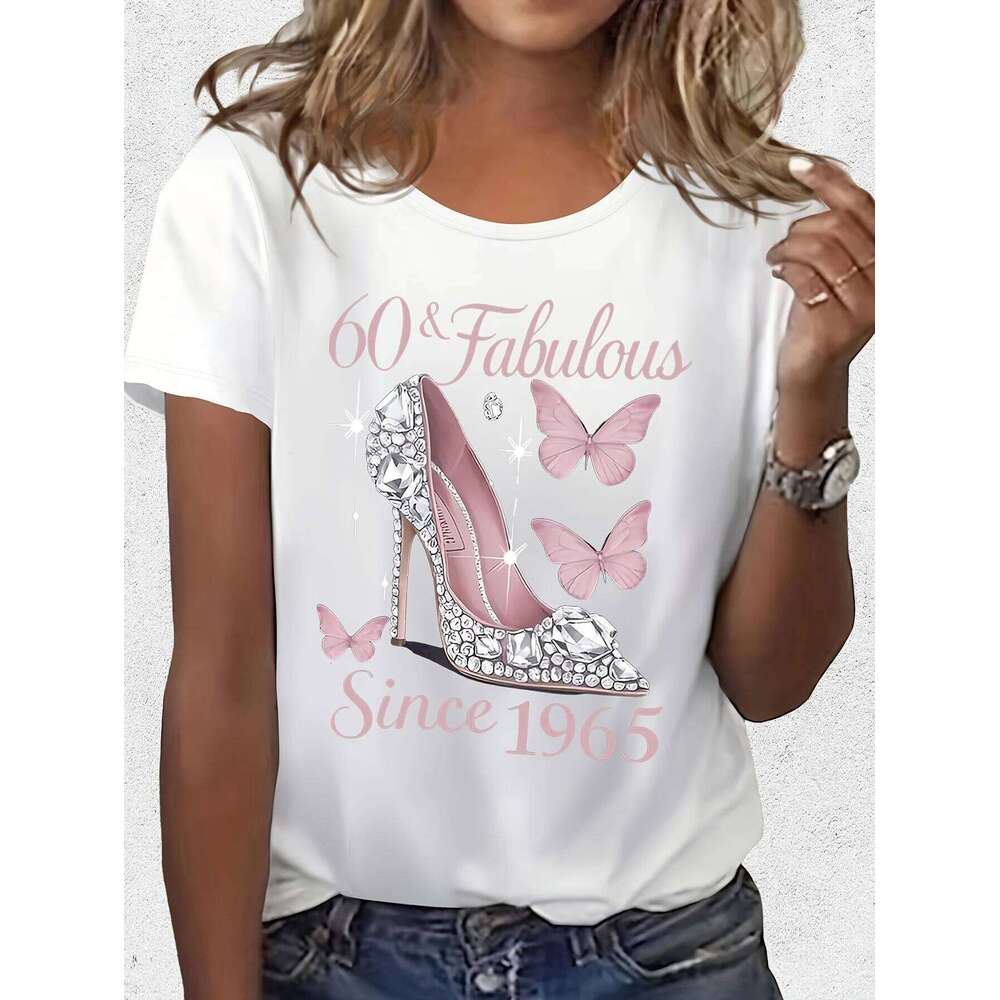 60 & Fabulous Graphic Tee Women's Casual Short Sleeve T-Shirt with Rhinestone High Heel Butterfly Design Printed Ladies TShirts Z260312
