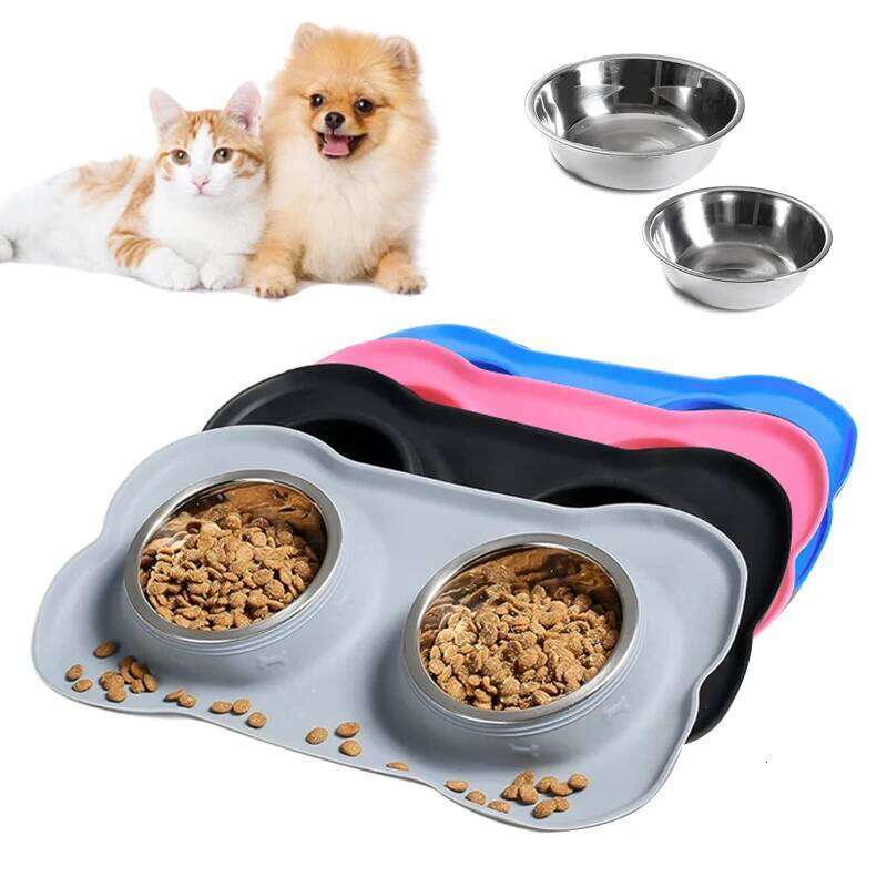 Stainless Steel Feeder Silicone Anti-spill Cats Double Bowl Pet Feeding Drinking Water Bowls Dog Food Dispenser 26Y0312