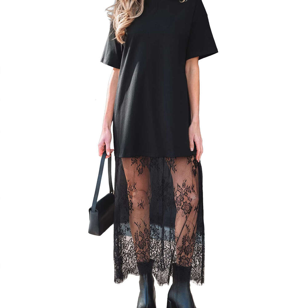 2025 Summer New Solid Color Long Women, European and American Style, Unique Design, Lace Patchwork Short Sleeve Dress for Women