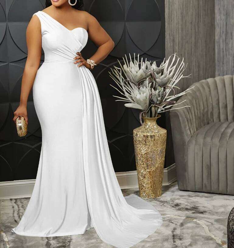 Solid Color Evening Party Tight Fitting Single Shoulder Sleeve Dress Long Skirt Women New Fashion 2025 Casual Female Clothing C260312