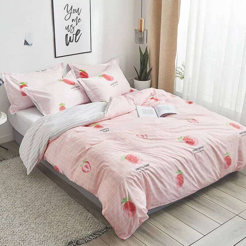 Princess Style Four-piece Set Cartoon Strawberry Printed Bed Sheet Pillowcase Quilt Cover Home Girls' Room Bedding H260312