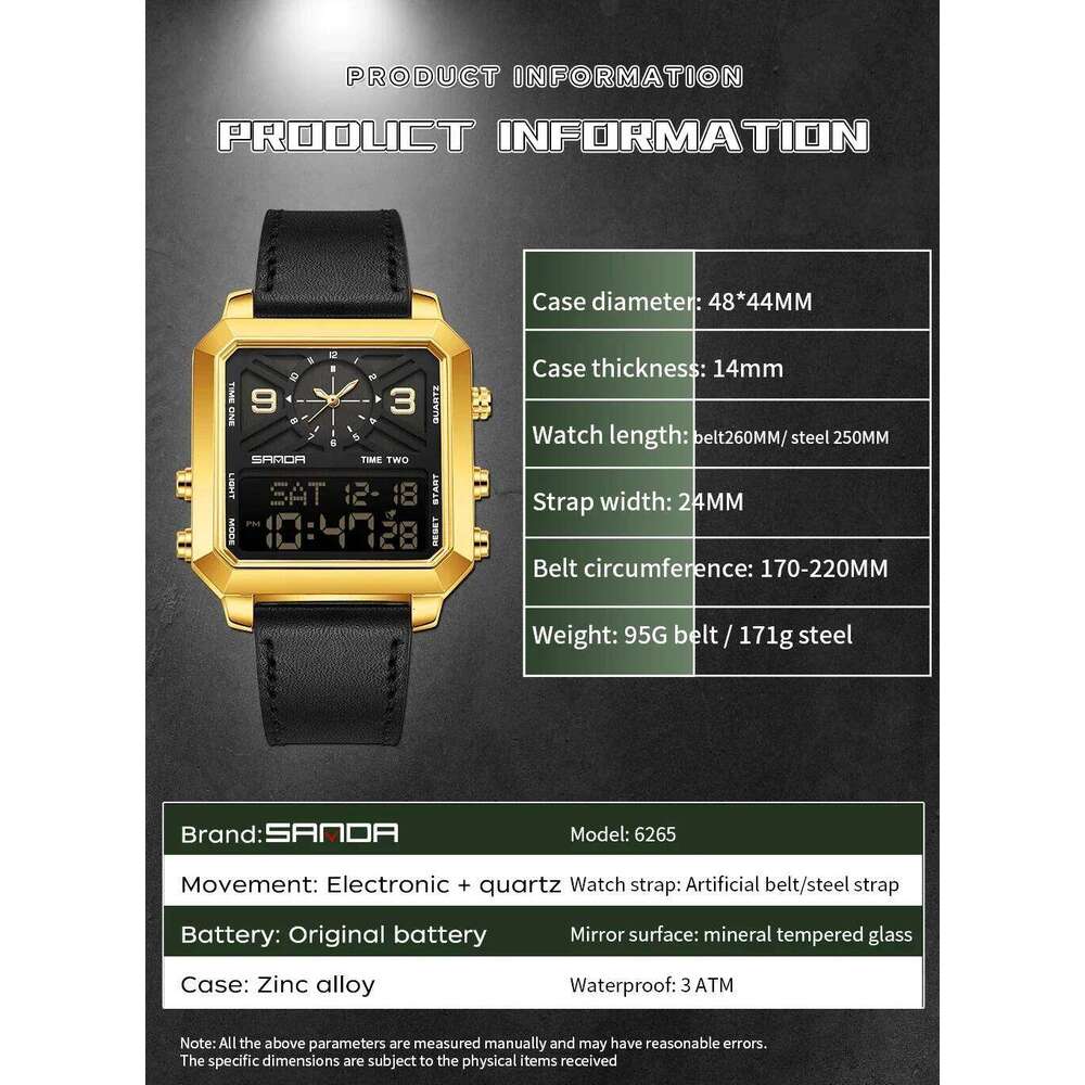 SANDA 6265 Square Display Men's Electronic Quartz Dual Movement 3ATM Waterproof Night Light Sports Business Watch
