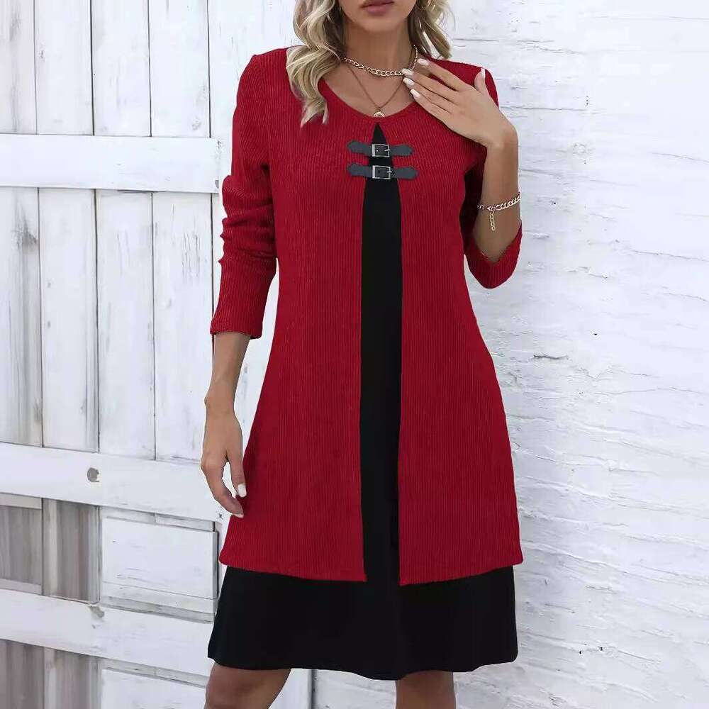 Spring Autumn Women's New Solid Sleeved Round Neck Elegant Splicing Knitted Long Casual Comfortable Dress For Women C260312