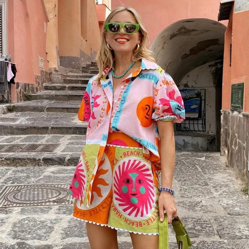 Boho Women Summer Shorts Outfits Daily Beach Sun Print Short Sleeve Button Shirts Tops Elastic Waist Shorts 2 Pieces Lounge Sets 260306