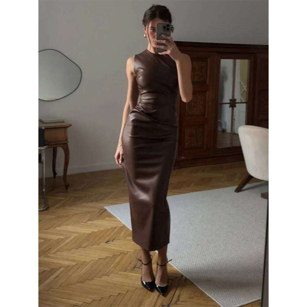 Tossy PU Sexy Fashion Maxi For Women High Waist Sleeveless Slim Patchwork Solid Skinny Streetwear Female Bodycon Dress New C260311