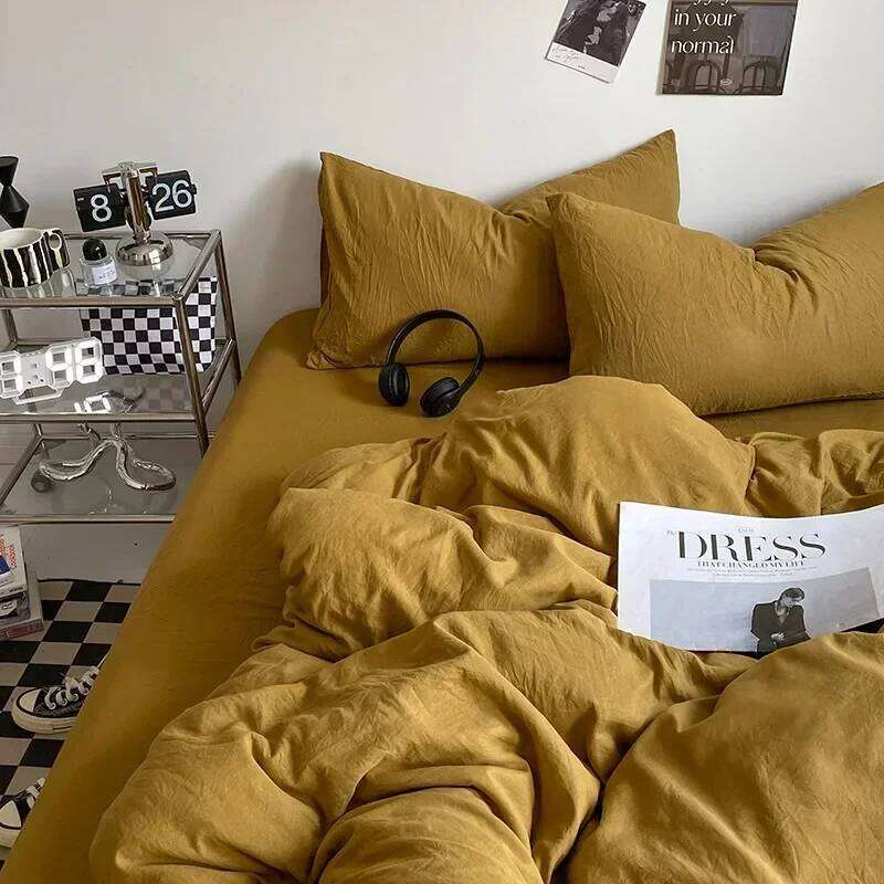 3-4Pcs Cotton Fabric Bedding Set Solid Soft Smooth Bed Sheet Comforter Cover Sets with Fixed Rope Same Color Pillowcase H260312