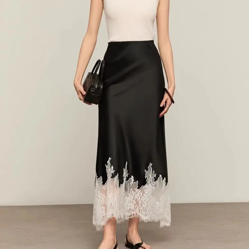 Elegant Lace-Trim Satin Midi Skirt Women Summer High Wasit Wrapped Hip Slim Long Skirts Fairy Fashion Office Women Clothing 260306