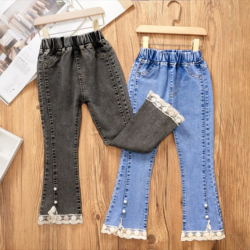 Girls Jeans Spring and Autumn Casual 312 Year Old Childrens Loose Flare Pants Lace Pearl Denim 260311