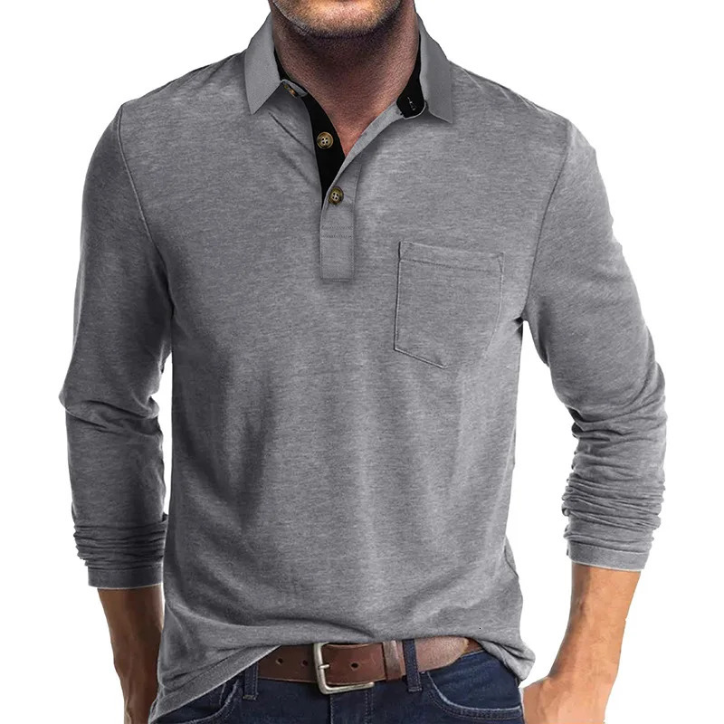 Spring Trend Mens Long Sleeve Casual Tshirt Solid Lapel Button Up Pullover Tops Autumn Turn Down Collar Bottoming Polo Shirt 260311