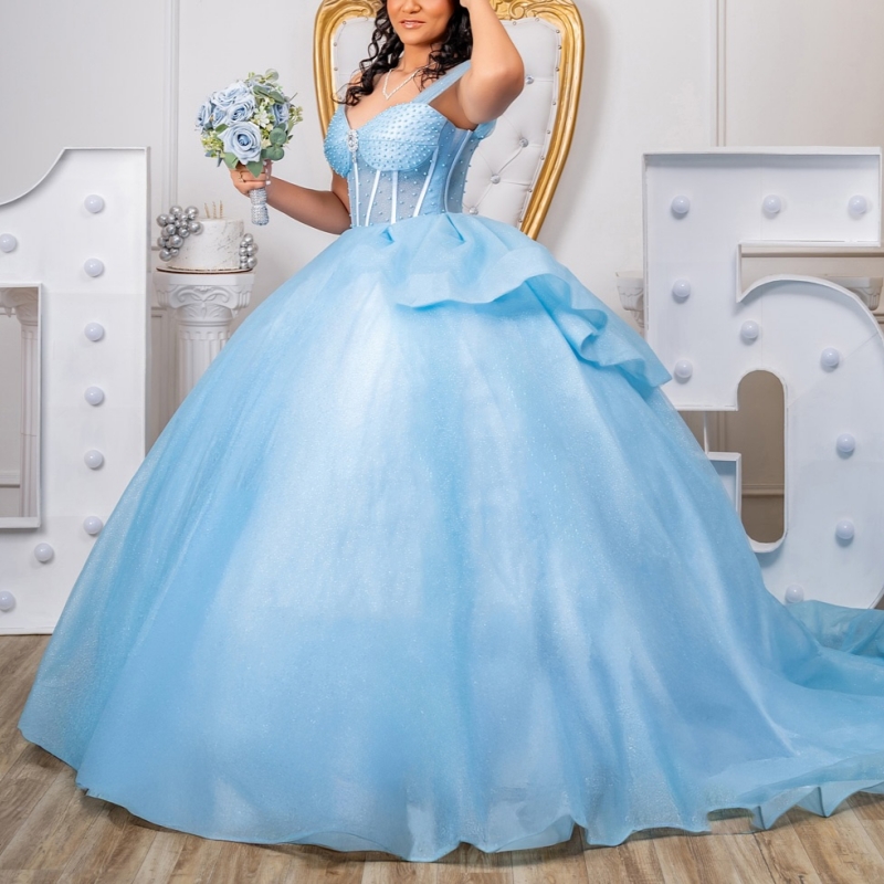 Sky Blue Shiny Ball Gown Quinceanera Dresses 2026 Beading Crystal Tull Corset Off Shoulder Sweet 16 Dress Vestidos De 15 Anos
