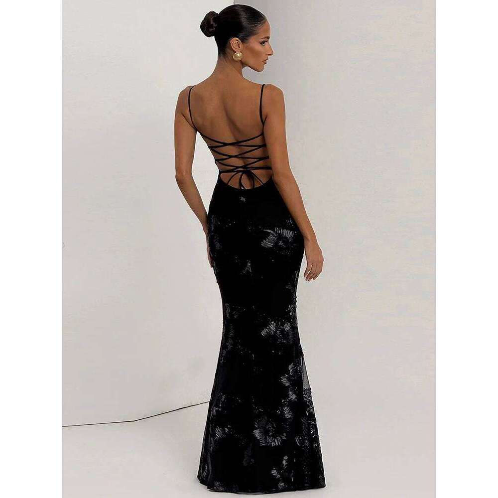 Nibber Elegant Flower Embroidery Maxi Dress Women Low-Neck Cross Bandage Backless Summer Street Trend Skinny Holiday Vestidos C260312