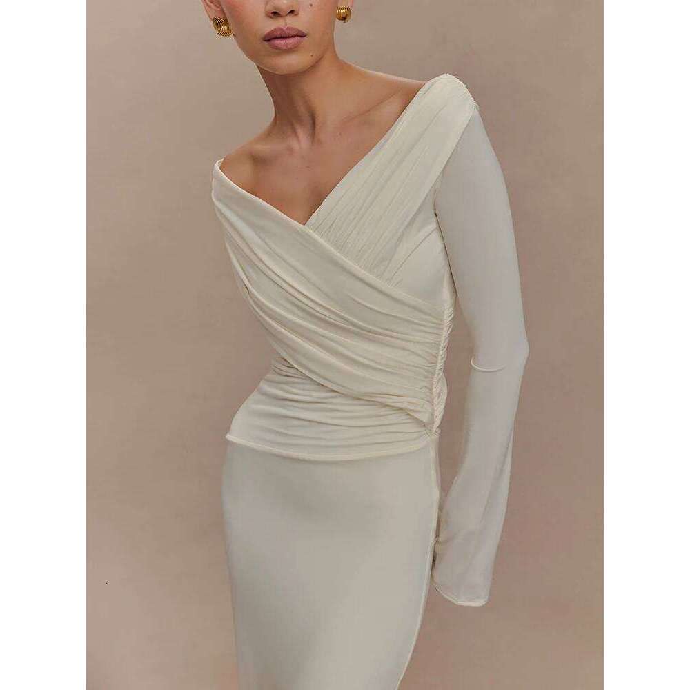 Mozision Autumn V Neck Sleeve Sexy Maxi Dress For Women Gown Fashion Solid High Waist Ruched Bodycon Club Long Dresses C260311