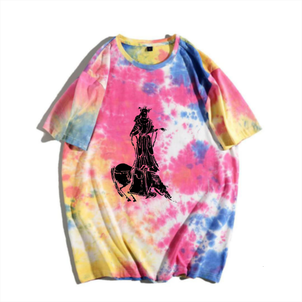 China-Chic New Chinese Character Print Tie Dyed Short Sleeve T-shirt Rainbow Gradual Change Vintage Character Print Men's Summer Versatile Top