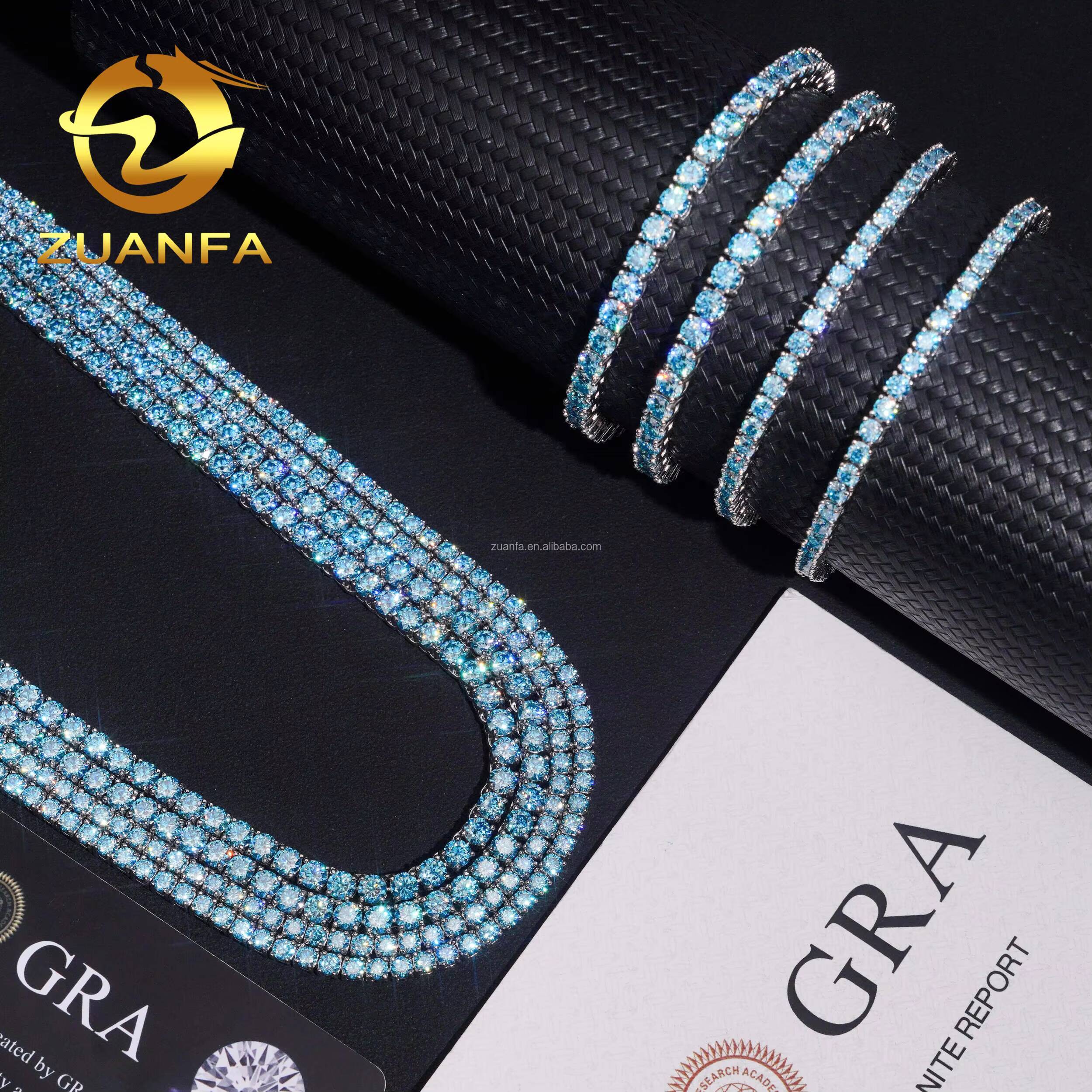 New Design Stock 3mm 4mm 925 Silver Hip Hop Iced Out GRA Certificate Blue Moissanite Diamond Cluster Tennis ChainBracelet