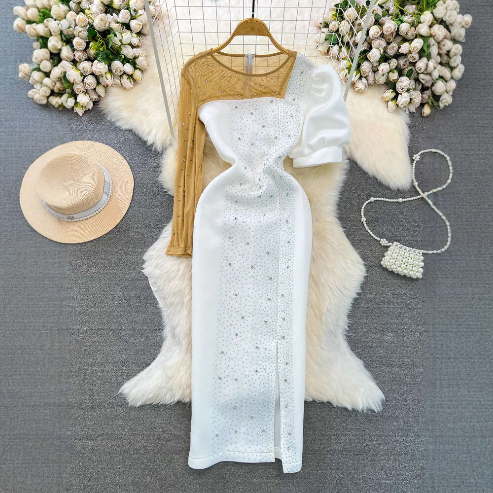 Designer high-end evening gown elegant and exquisite mesh inlaid round neck a23 waist with slit and tight design