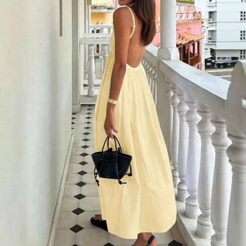 New Dresses 2025 Woman Fashion Summer Sexy Backless V-neck Skirt Holiday Solid Colours Top Clothing C260312