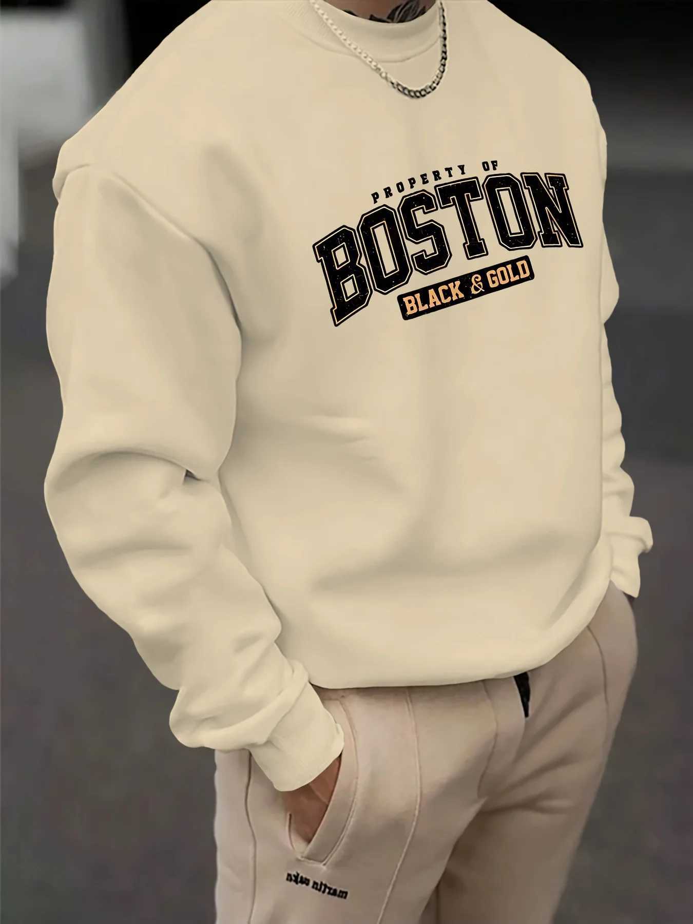 Mens autumn and winter fashionable casual loose Boston black golden letter graphic fleece long sleeved round neck sweatshirt M260312