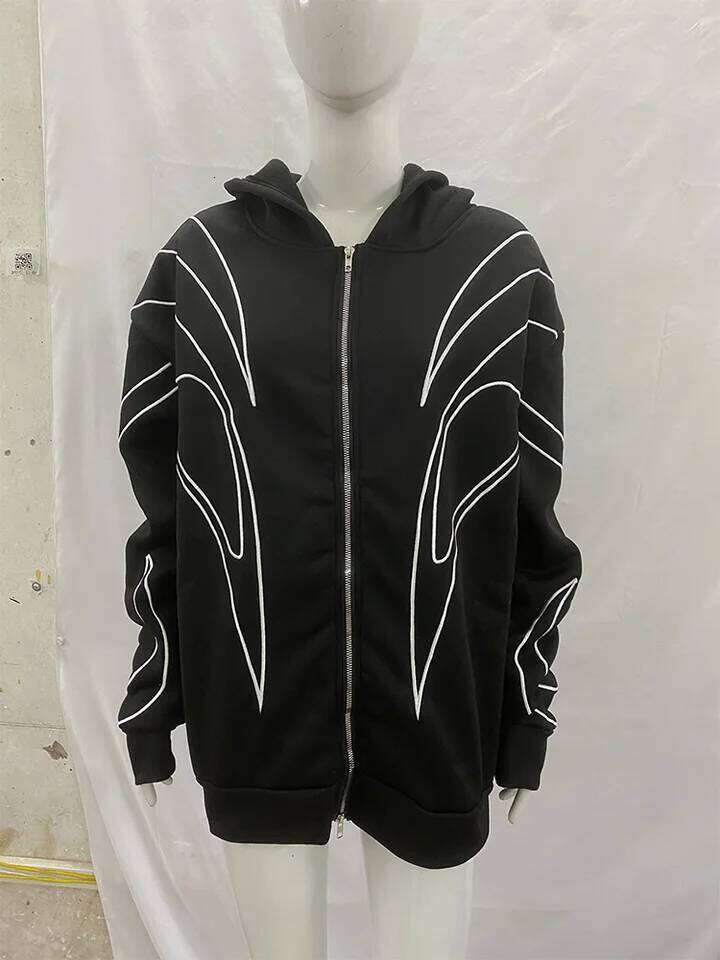 Street Retro Fashion Clothing Striped Embroidered Black Double Zipper Hoodie American Hip-hop Punk Oversized Sweatshirt women 26H0311