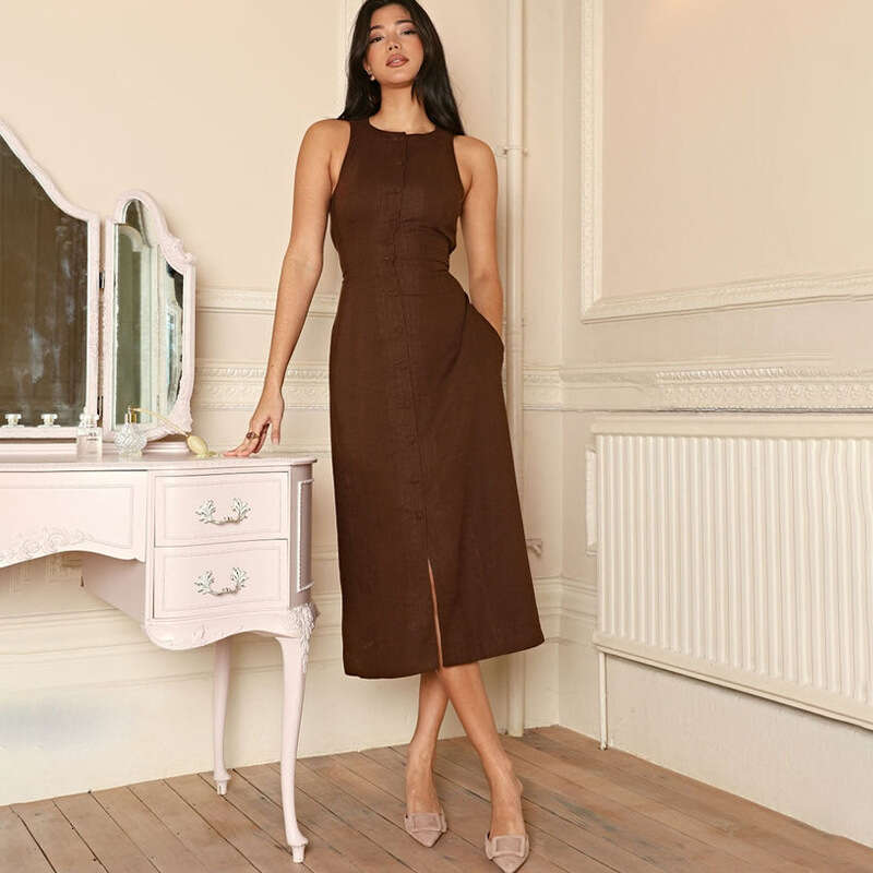 2025 Spring European and American Cross-Border Trade New Solid Color Sleeveless Round Neck Multi-Button Tie Casual Dress