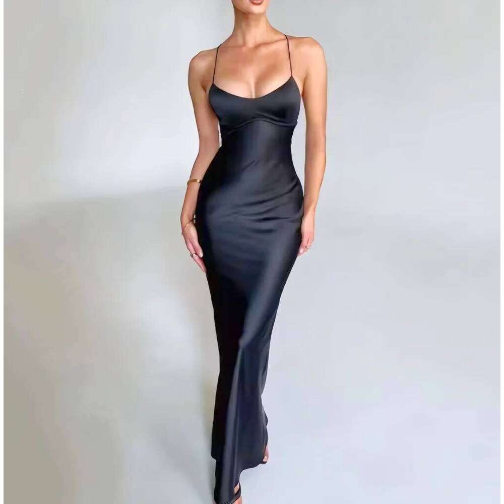 Sexy halter satin dress, a new autumn fashion backless strappy cinched-waist long dress C260312