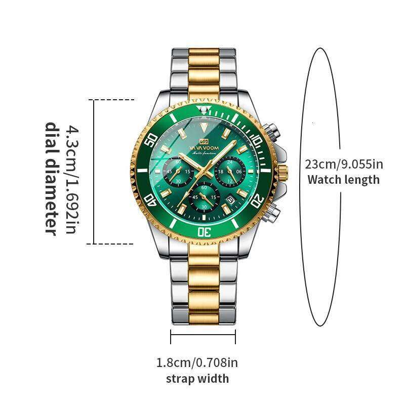 VA VOOM Brand Top 1Pc Multifunctional Fashionable Dial Green Gold Stainless Steel 3Bar Timing Watch for Men