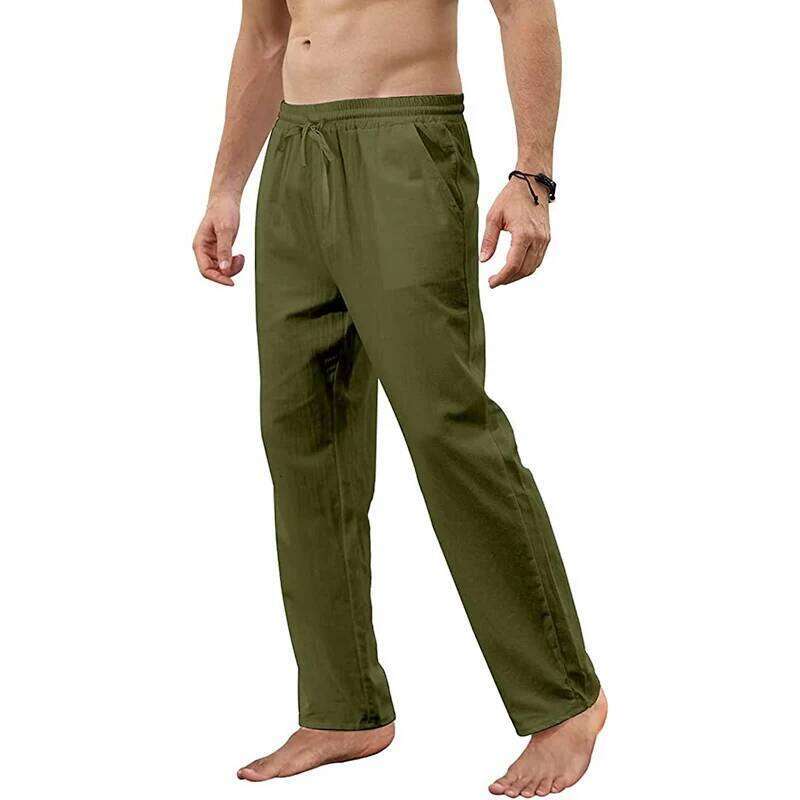Men's Cotton Linen Loose Breathable Casual Solid Color Long Pants Large Size Streetwear Fitness Lightweight Yoga Trousers