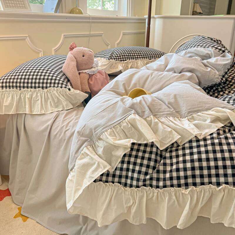 Korean Princess Bedding Set Soft Skin-friendly Ruffles Quilt Cover Plaid Style Duvet Covers Bed Sheet Pillowcases 3/4Pcs H260312