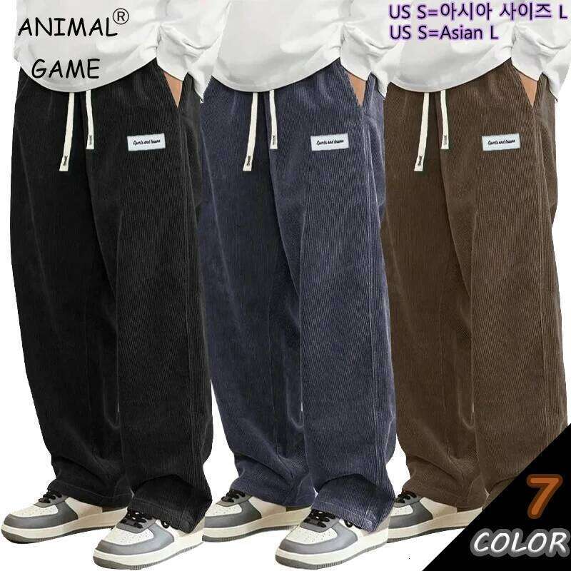 Animal Game Outdoor Mens Corduroy Casual Loose Fit Baggy Pants Straight Sweatpants Elastic Waist Drawstring Streetwear