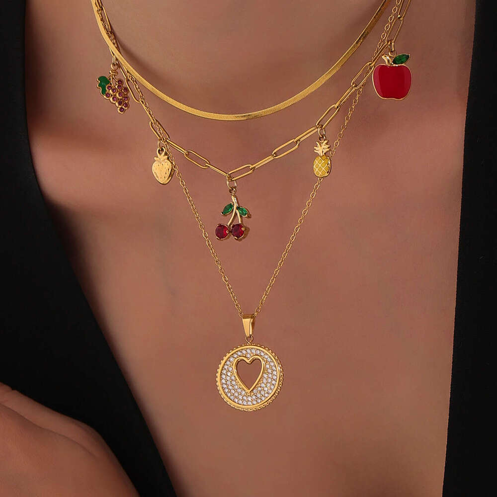 Stainless Steel DIY Cherry, Grape, Pineapple Pendant Necklace Ins Round Hollow Heart Zircon Clavicle Chain