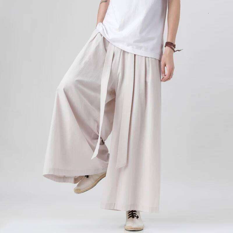 2023 Chinese Style Harajuku Cotton Linen Man Japanese Kimono Pants Male Streetwear Summer Retro Wide-Leg Trousers
