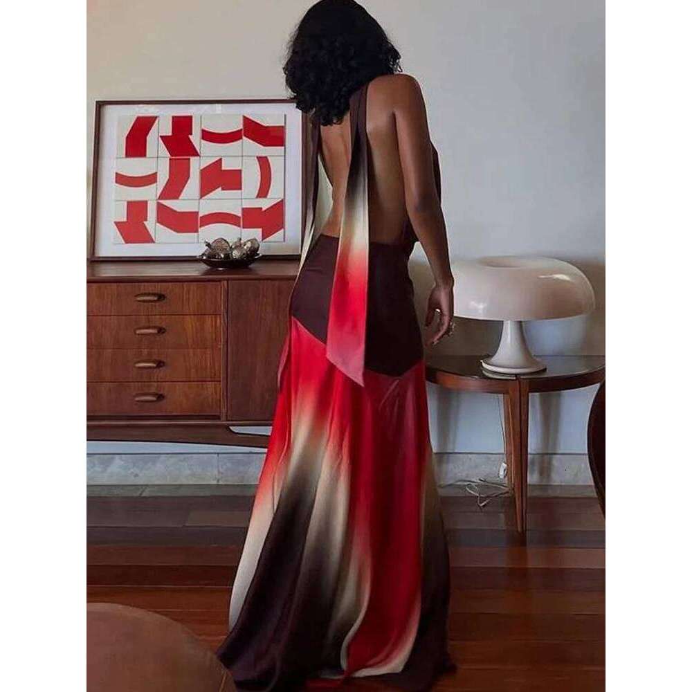 Sisterlinda Summer Release Junior Fashion Leisure Sexy High Street Long Dress K25D66166 Girl Printing Halter Slim Backless Robe C260312