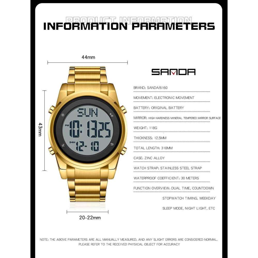 Sanda 6160 New Fashion Stainless Steel Strap Digital Movement Trendy Outdoor Sports Mode Teenager Students Wrist Stop Watch 2026