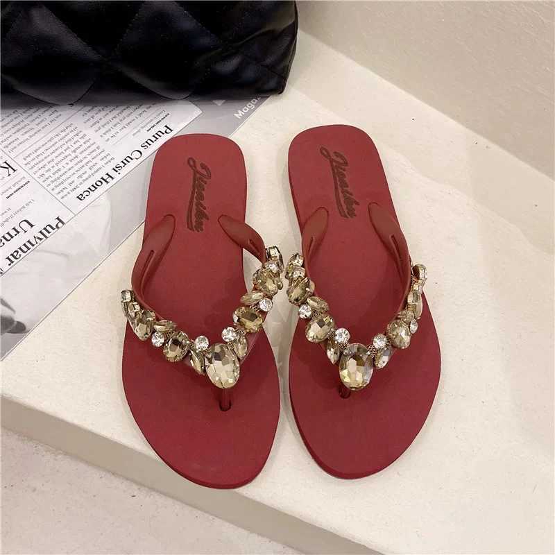 SUOJIALUN 2025 Summer New Women Slipper Fashion Bling Crystal Slip On Flip Flop Shoes Soft Flat Heel Dress Slides Sandal K260312