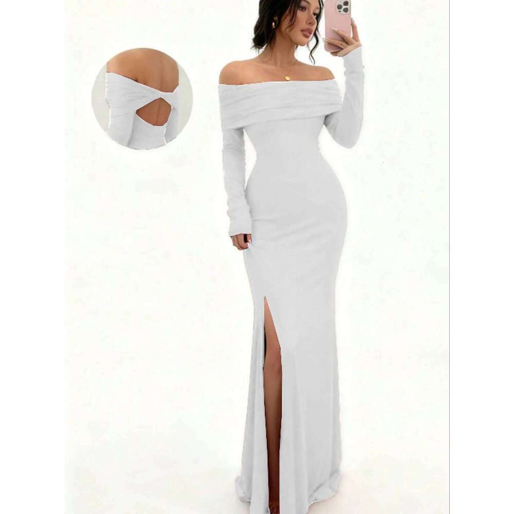 Women's Off-Shoulder Bodycon Dress - Long Sleeve High Slit Bandage Dress, Chic Figure-Hugging Midi C260311